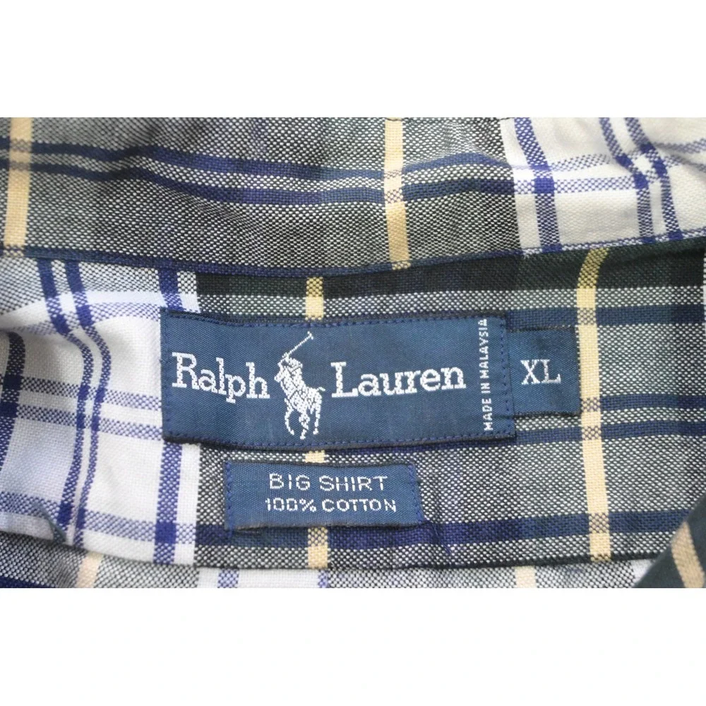 Polo Ralph Lauren Button Up Dress Shirt Mens XL Green Blue Plaid Big Shirt EUC